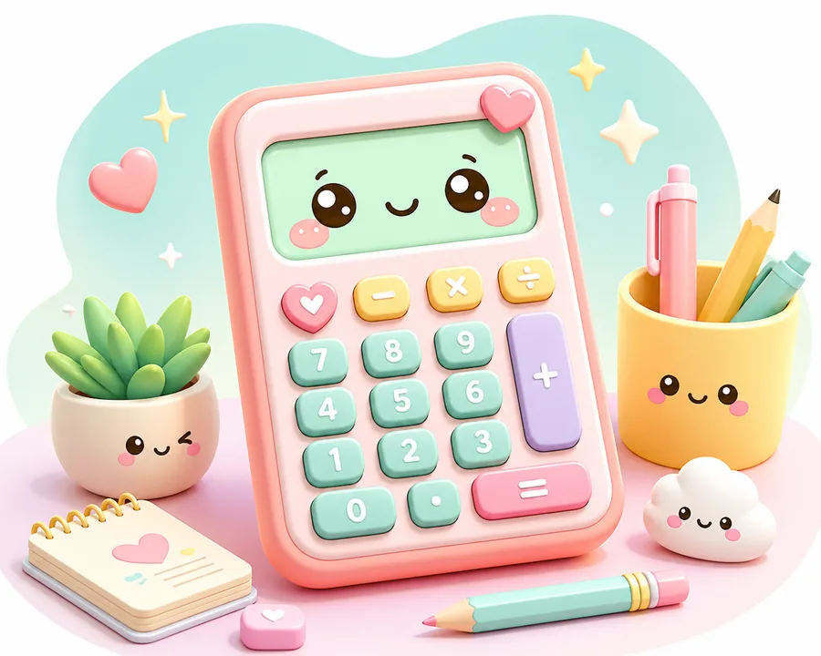 A pastel kawaii calculator mascot with cute stationery.