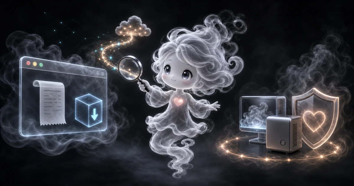 Full-body smoke-kawaii girl comparing a browser window on one side with a small local computer and shield on the other, joined by visible network lights.