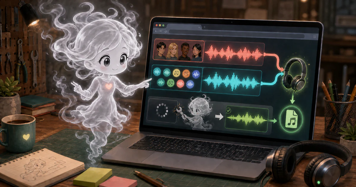 Full-body smoke-kawaii girl comparing two browser voice models, fixing a stalled loading process, and sending the finished audio to headphones and an MP3 file.