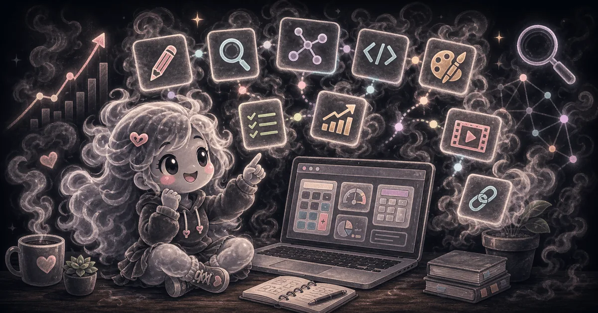 Smoke-kawaii mascot reviewing nine open-source AI skill cards around a laptop showing a free tools page, with search, writing, code, design, video, chart, and link icons.