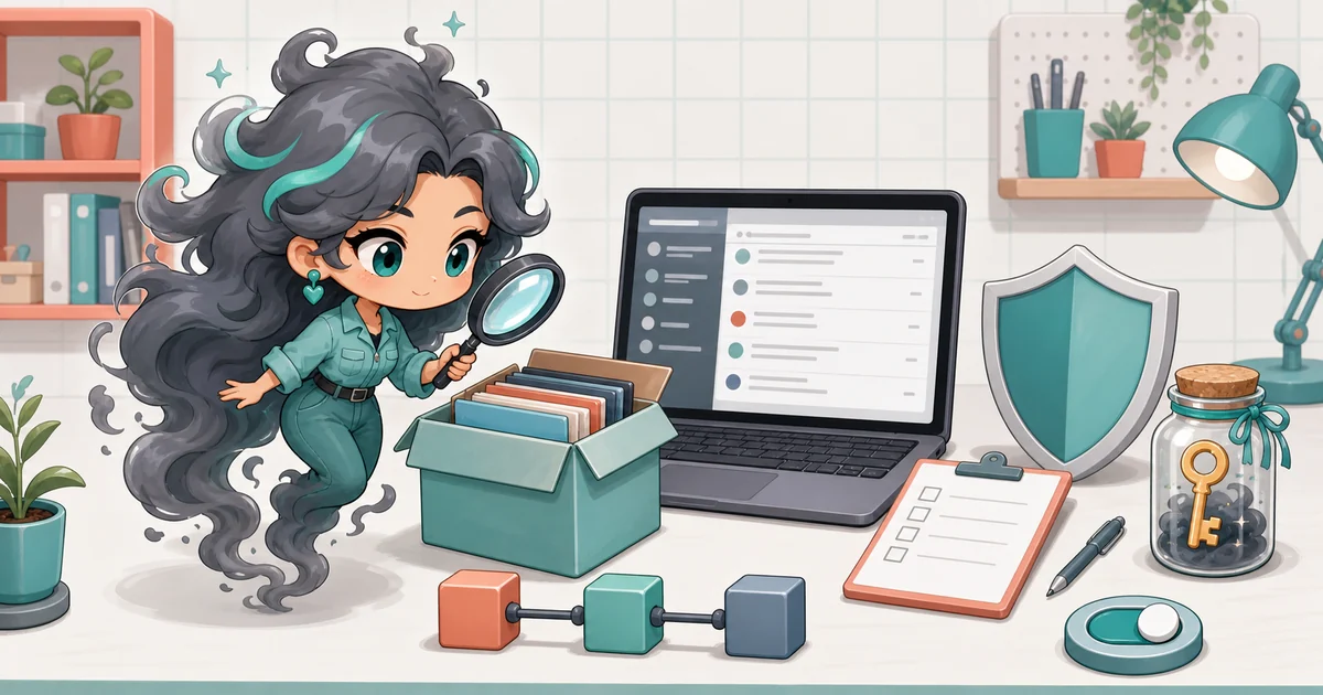 Full-body smoke-kawaii girl inspecting an open repository box with a magnifying glass beside a laptop, shield, checklist, and sealed key jar.