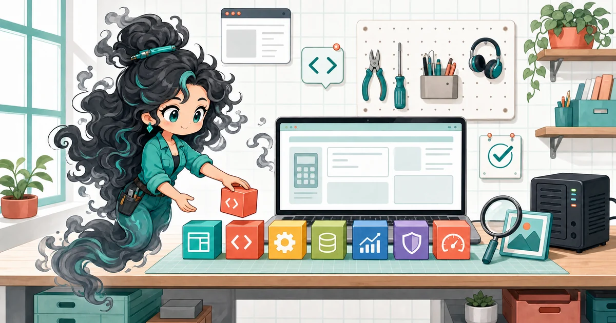 Full-body smoke-kawaii girl at a workbench arranging eight colorful open-source building blocks beside a laptop showing a utility webpage.
