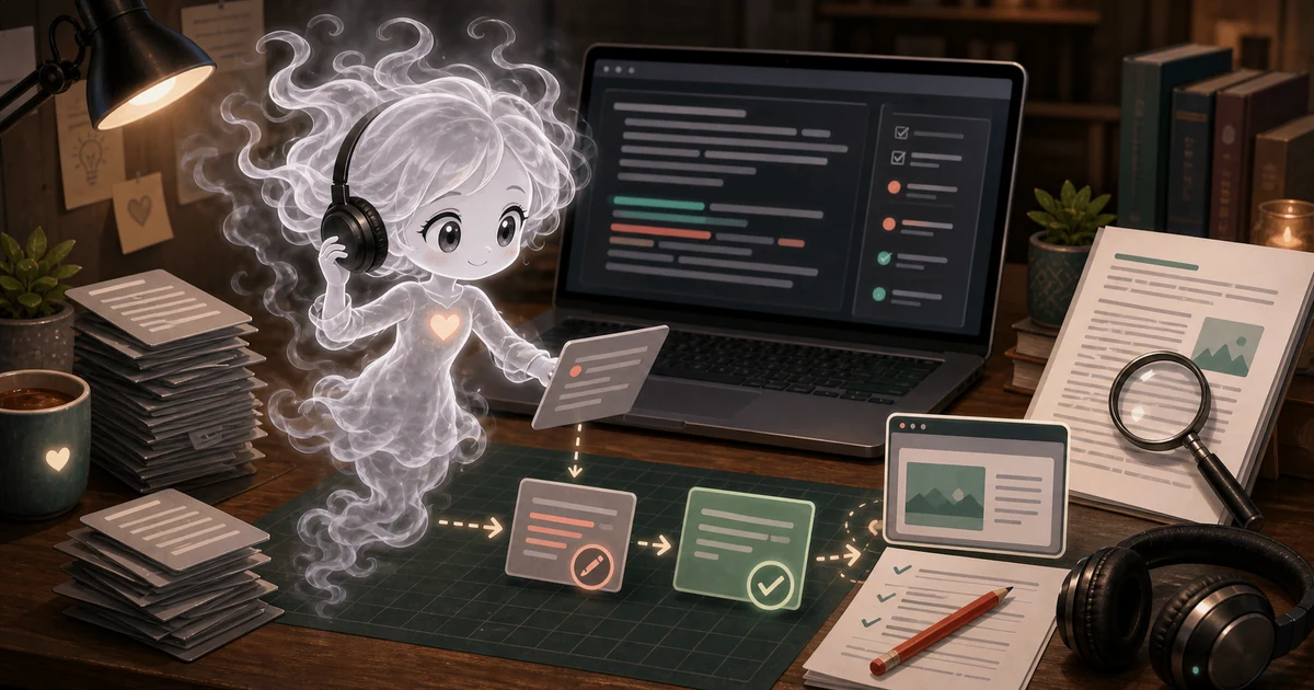 Full-body smoke-kawaii girl editing draft cards beside a laptop, source pages, magnifying glass, headphones, red pencil, and a checked browser preview.