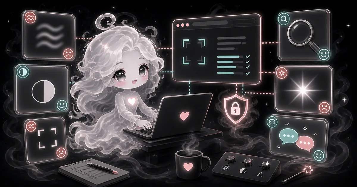 Full-body smoke-kawaii girl checking document image quality beside a laptop, magnifying glass, glare panel, and crop marks.