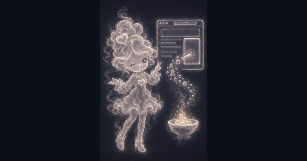 Smoke mascot pointing at a browser ad panel with glowing clicks turning into coins for an ad revenue estimate.