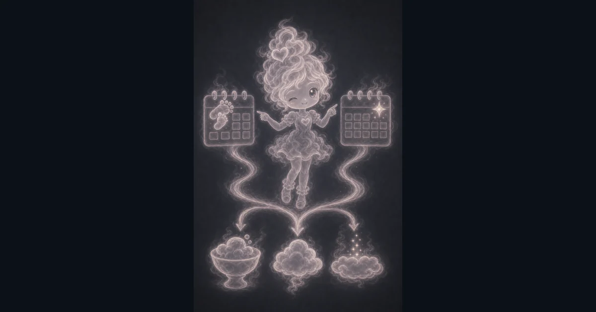 Age Calculator guide artwork shows the birth date and as-of date as two calendars, with arrows pointing to exact age and birthday timing. Smoke mascot comparing two calendar cards with baby footprints and arrows showing age results over time.