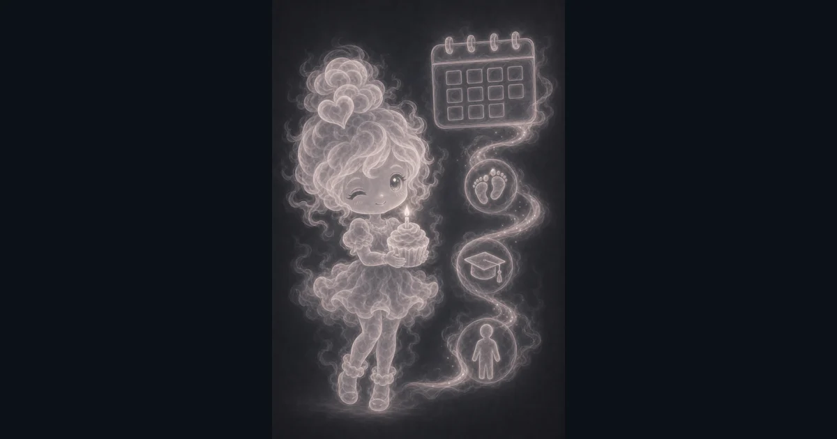 Age Calculator artwork follows a birthday-to-as-of-date timeline, with calendar and life-stage icons for exact age, total days, and next birthday checks. Smoke mascot holding a birthday cupcake beside a calendar, baby footprints, a graduation cap, and adult age markers.