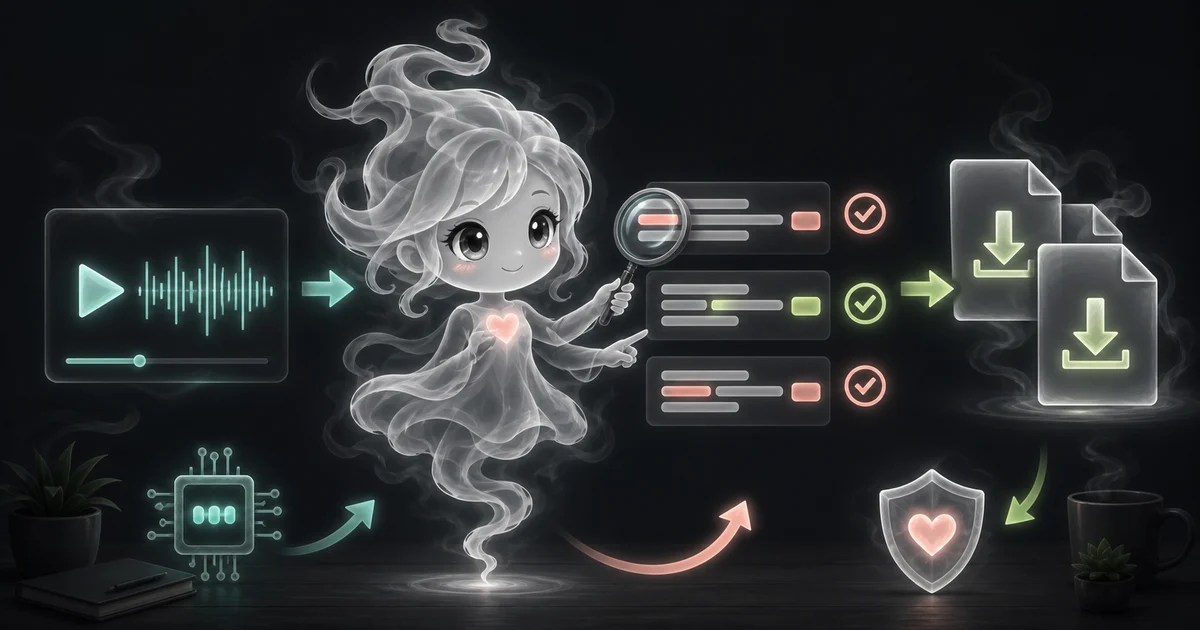 Full-body smoke-kawaii mascot checking names, numbers, and caption timestamps against a local recording before export.