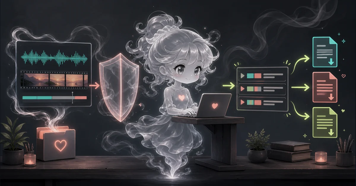Audio and Video Transcriber artwork shows a local recording becoming timestamped text, with browser processing and caption downloads kept visible. Full-body smoke-kawaii mascot turning a local audio and video timeline into editable caption rows beside a privacy shield.