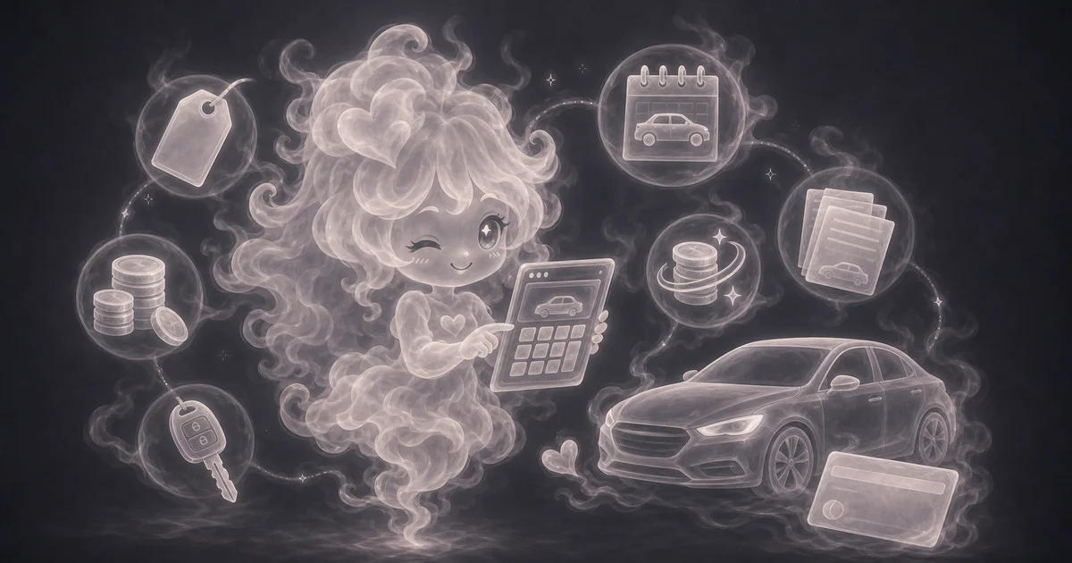 Smoke mascot checking a car lease worksheet with a $36,000 price, $21,000 residual value, 0.0025 money factor, 36-month term, fees, tax, and monthly payment cards.