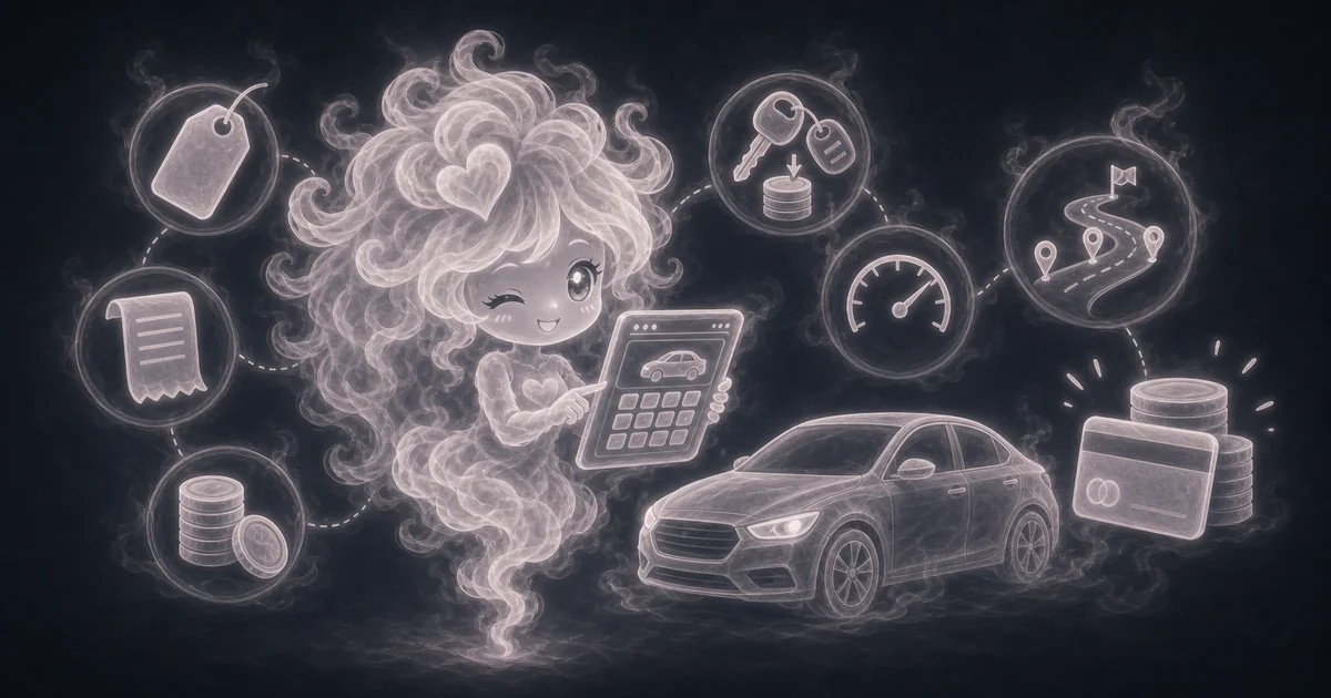 Smoke mascot beside a car, calculator, down payment tag, and loan chart for estimating an auto loan payment.