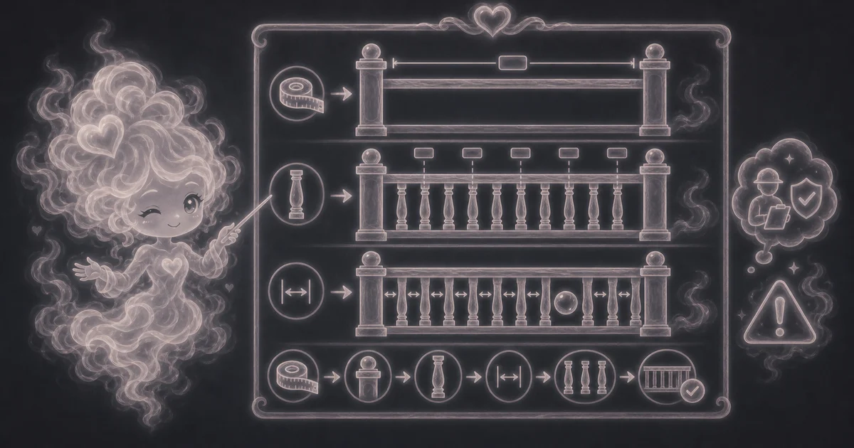 Baluster Calculator guide artwork supports the walkthrough for clear opening, post subtraction, baluster count, rounded-up spacing, local code checks, and straight-rail limits. Smoke mascot guide showing a 113 in clear rail opening, 20 balusters, 30 in of baluster width, 21 gaps, and 3.952 in actual open spacing.