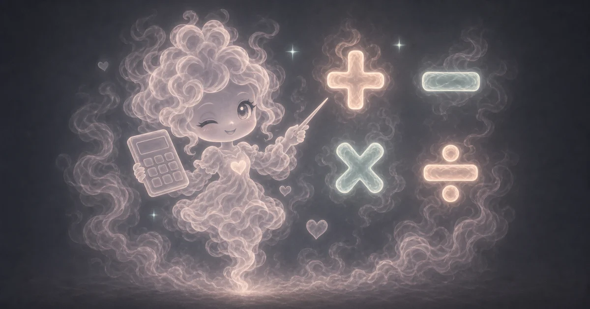 Basic Calculator guide artwork supports the walkthrough for percent checks, keyboard input, one-step math, copied answers, and common mistakes. Smoke mascot pointing at glowing plus, minus, multiply, and divide symbols while holding a calculator.