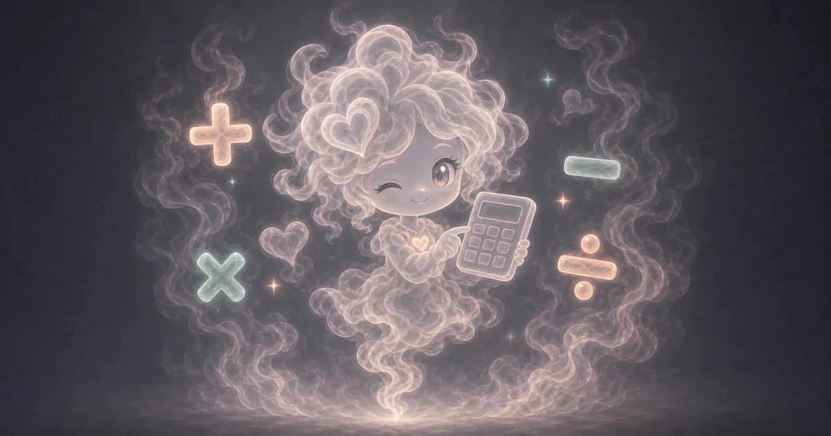 Basic Calculator artwork matches the quick arithmetic workflow: add, subtract, multiply, divide, check percents, copy the answer, and compare recent results. Smoke mascot holding a small calculator, surrounded by glowing plus, minus, multiply, and divide symbols.