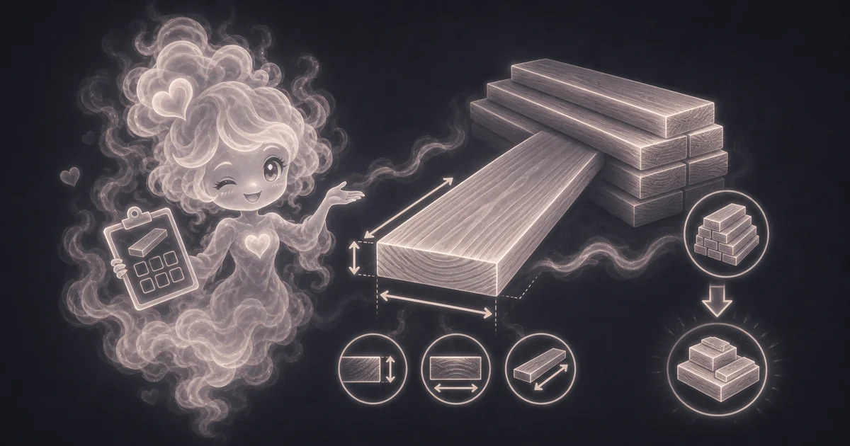 The tool art shows the exact inputs the calculator uses: board thickness, width, length, quantity, and total board feet. Smoke mascot beside a lumber board sketch with thickness, width, length, quantity, and board feet output.