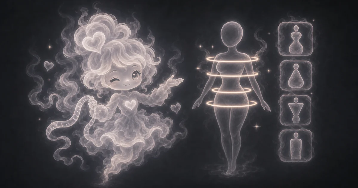 Smoke mascot comparing body-shape measurements with shoulders 100 cm, bust 96 cm, waist 76 cm, hips 101 cm, and Hourglass result cards.