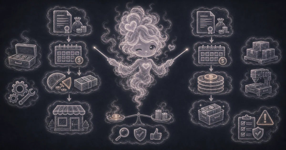 Business Loan Calculator guide artwork shows the monthly payment, fee, cash received, and total cost pieces being checked before comparing offers. Smoke mascot reviewing a business loan worksheet with payment, origination fee, cash received, and total cost notes.