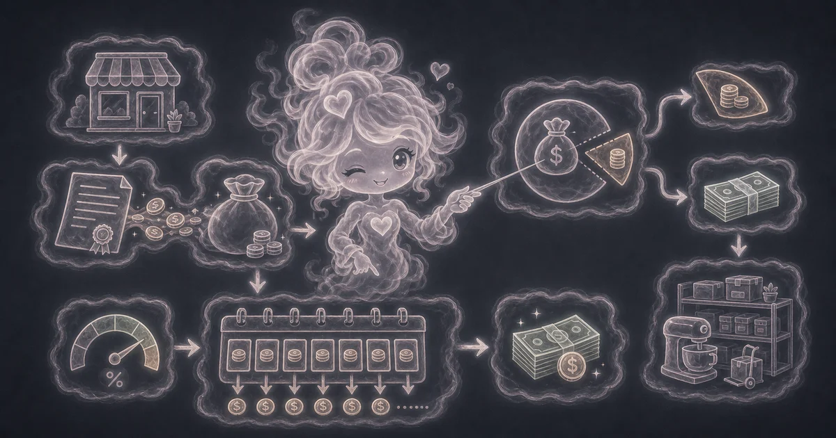 Smoke mascot beside a calculator, loan document, fee tag, cash stack, and business payment chart.
