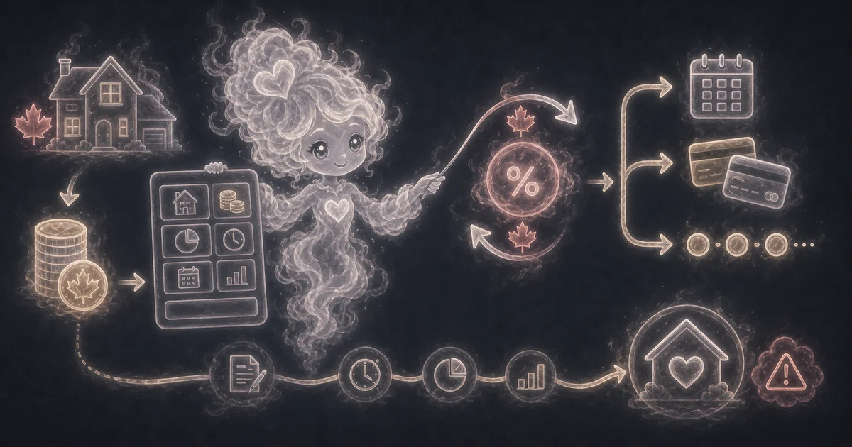 Smoke mascot beside a Canadian mortgage calculator screen with house price, down payment, biweekly payment, LTV, and interest notes.