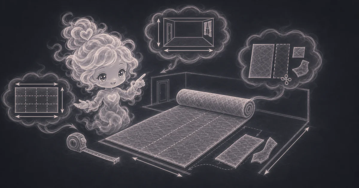 Carpet Calculator guide artwork supports the walkthrough by showing room measurement, roll-width checks, seam limits, waste, and installer-layout cautions. Smoke mascot checking carpet roll width, seam direction, closets, stairs, waste, and a 22 square yard bedroom example.