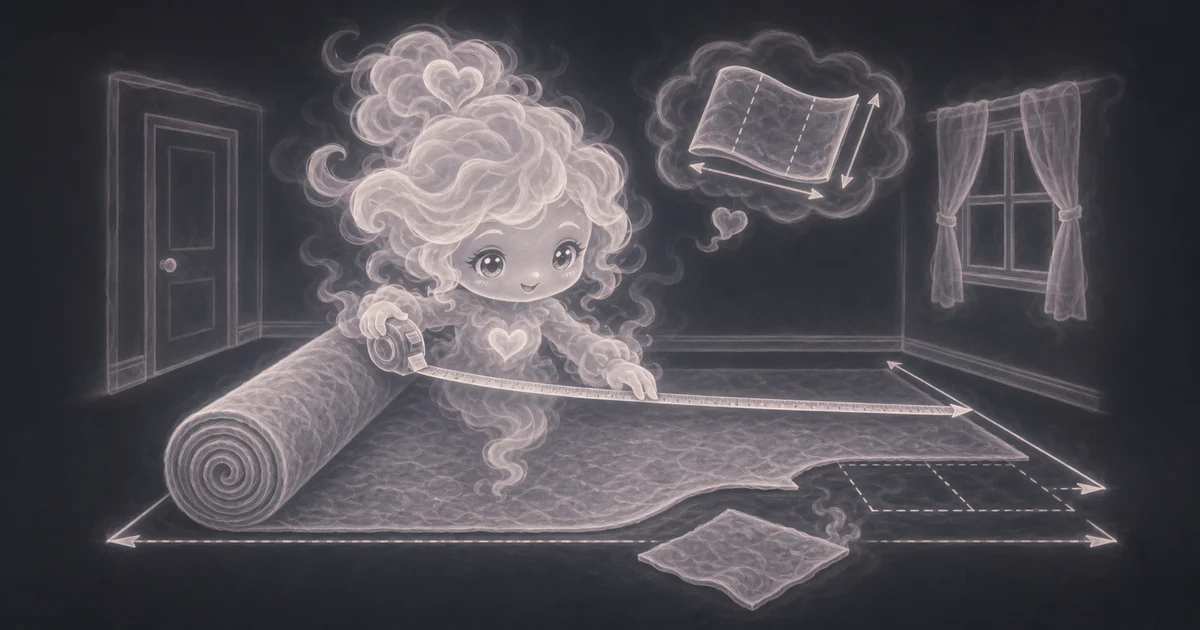 Carpet Calculator artwork matches the live workflow: enter room length, room width, roll width, and waste to estimate square yards and rough roll length. Smoke mascot measuring a 15 by 12 foot bedroom, a 12 foot carpet roll, 10 percent waste, 22 square yards, and 16.5 linear feet.