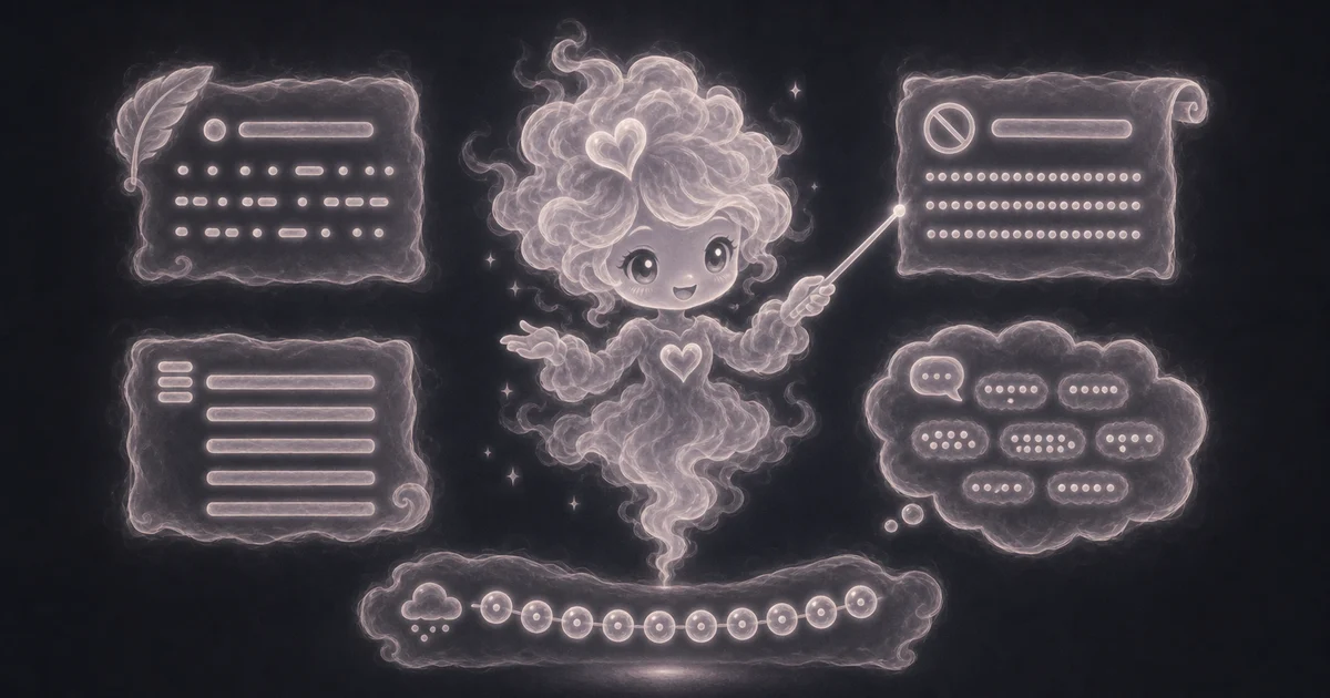 The guide artwork matches the walkthrough: paste text, compare spaces and lines, and check byte length before using a strict limit. Smoke mascot checking a text draft with character totals, line marks, and byte-count blocks for the Character Counter guide.
