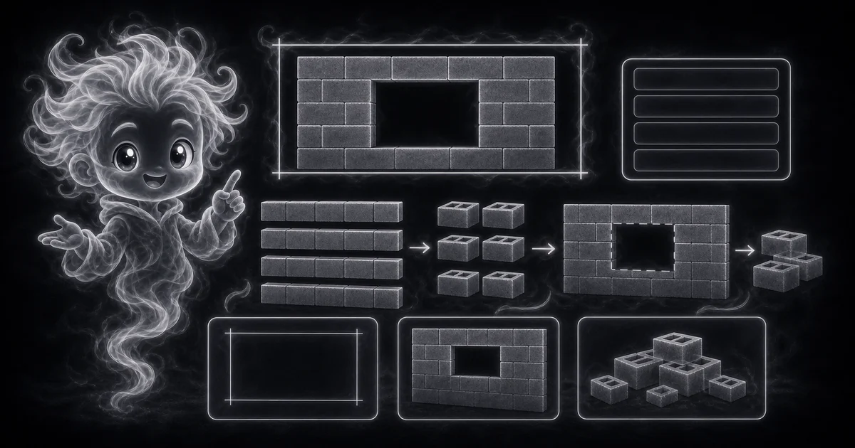 Concrete Block Calculator guide artwork supports the walkthrough by showing nominal block sizing, opening subtraction, waste, courses, and structural-limit cautions. Smoke mascot checking nominal CMU size, openings before waste, 8/9 square foot block face area, courses, corners, mortar, grout, rebar, and footing limits.