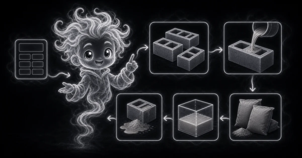 Smoke mascot guide showing CMU blocks, grout poured into one core, a volume cube, bagged mix, and arrows from calculator to fill result.