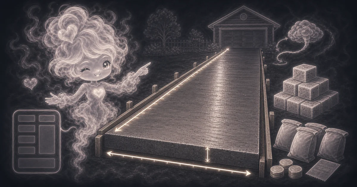 Smoke mascot pointing at a measured concrete driveway slab leading to a garage, with concrete blocks, material bags, coins, and a cost sheet beside it.