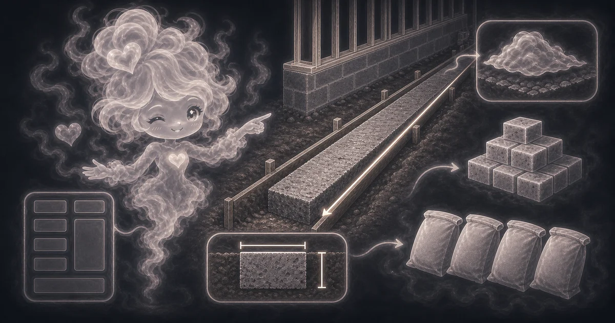 Smoke mascot measuring a 30 ft concrete footing trench with 16 inch width, 8 inch depth, 10 percent waste, 1.09 cubic yards, and 49 eighty-pound bags.