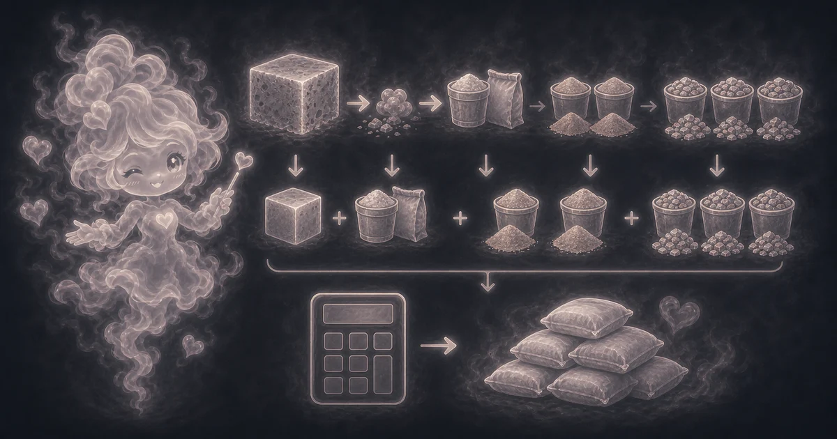 Smoke mascot guide showing a concrete cube split into cement, sand, and gravel ratio steps before a final stack of cement bags.