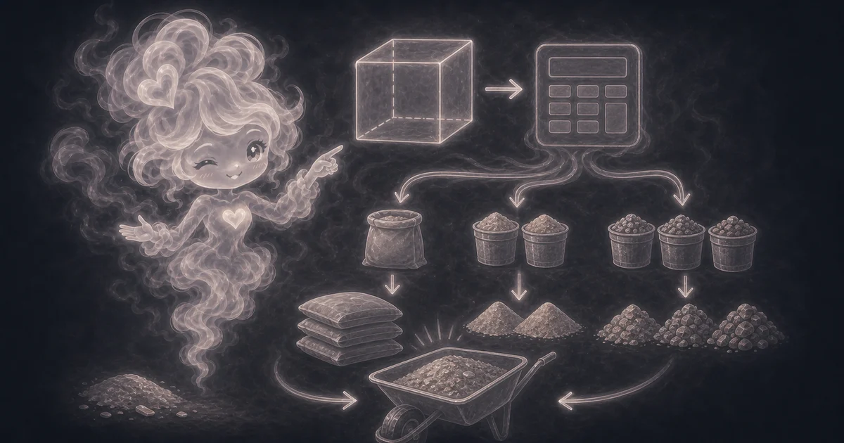 Smoke mascot pointing from a concrete volume cube to a calculator, cement bag, sand buckets, gravel piles, and a mixed wheelbarrow.