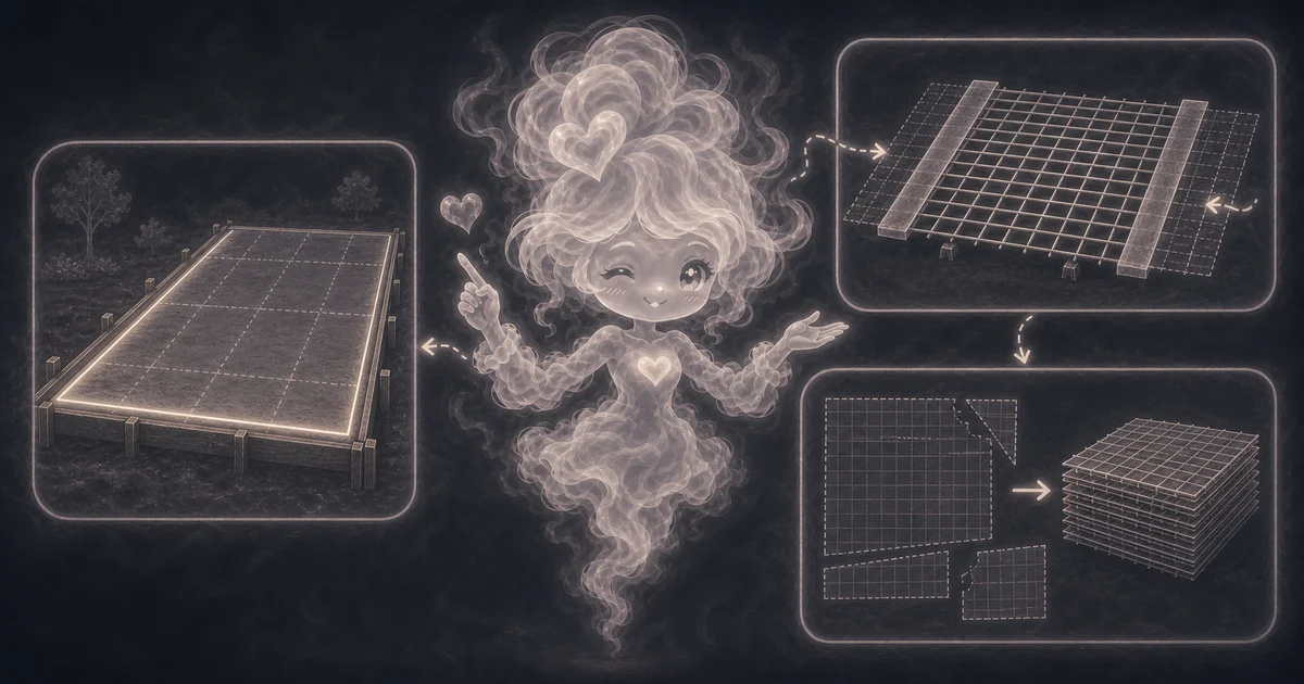 Smoke mascot guide showing a slab, overlapping mesh panels, a cut-corner layout, arrows for overlap, and a stack of sheets to buy.