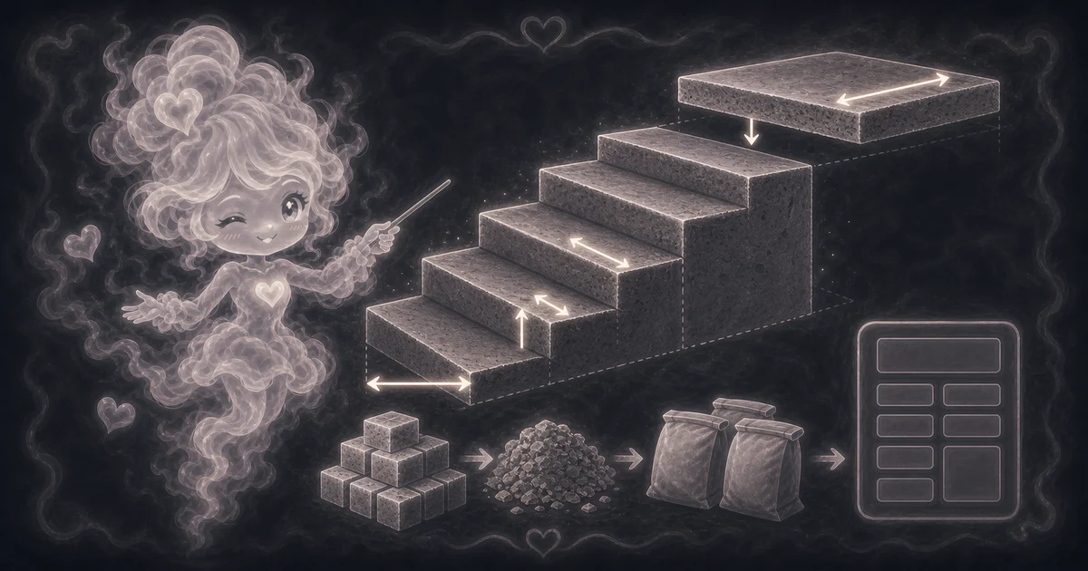 Concrete Steps Calculator guide artwork supports the walkthrough by showing how stacked steps, landing depth, waste, and bag counts connect. Smoke mascot guide showing stacked concrete step blocks, a top landing slab, measurement arrows, concrete blocks, aggregate, bags, and a calculator.