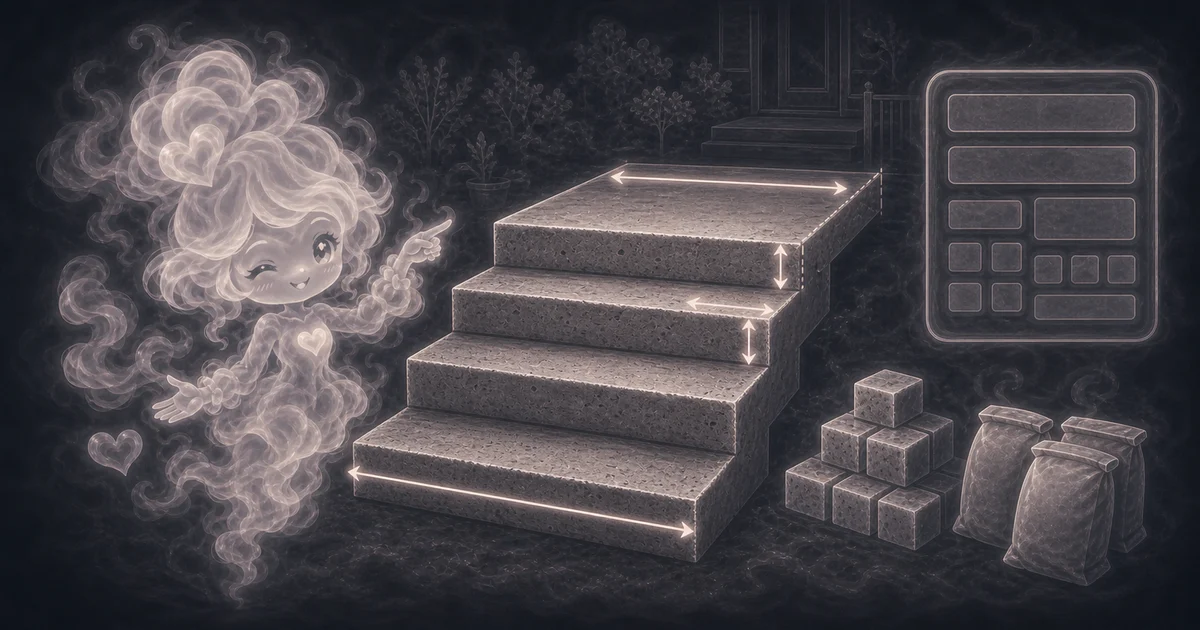 Smoke mascot pointing at solid concrete porch steps with length, width, and riser arrows, plus a calculator, concrete blocks, and material bags.
