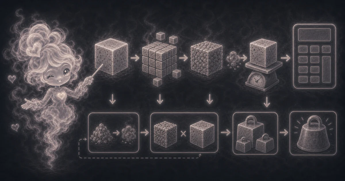 Smoke mascot guide showing concrete cube volume, stacked blocks, aggregate-density cubes, a scale, a calculator, and heavy weight icons.