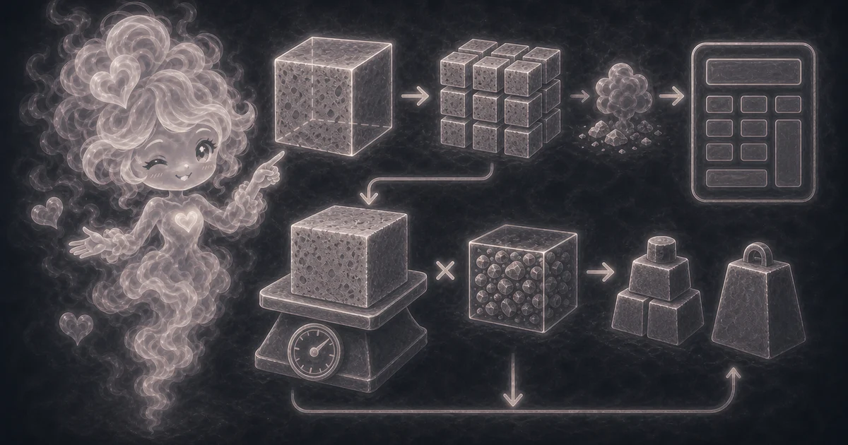 Smoke mascot pointing at concrete cubes, a scale, aggregate-density blocks, weight blocks, and a calculator for converting concrete volume into pounds.