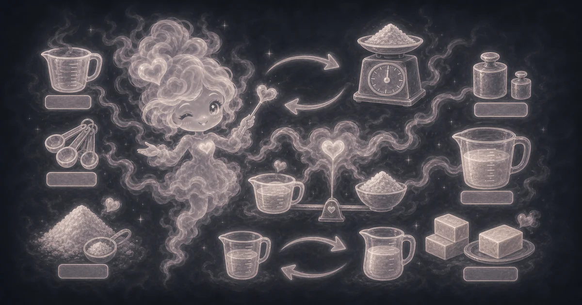 Cooking Measurement Converter artwork matches the live tool workflow: convert recipe units, including approximate volume-to-weight conversions with ingredient density. Use it with the calculator, examples, and result notes. Illustration for Cooking Measurement Converter showing convert recipe units, including approximate volume-to-weight conversions with ingredient density.