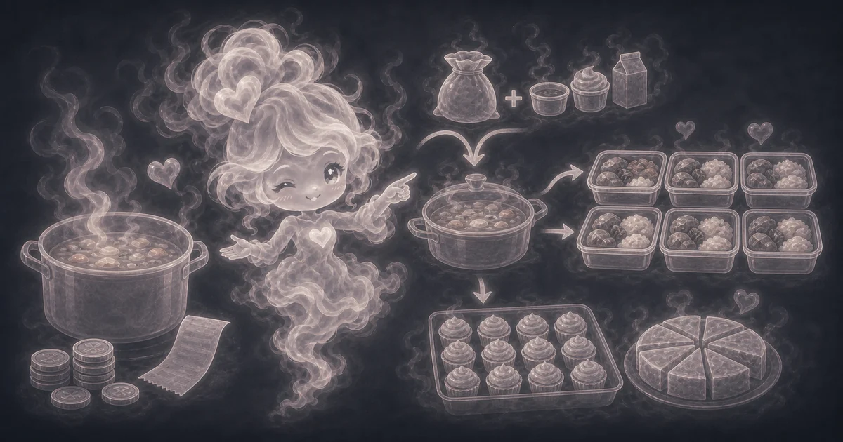 Illustration for Cost Per Serving Calculator showing split a recipe, meal prep, or food batch cost across the number of servings.