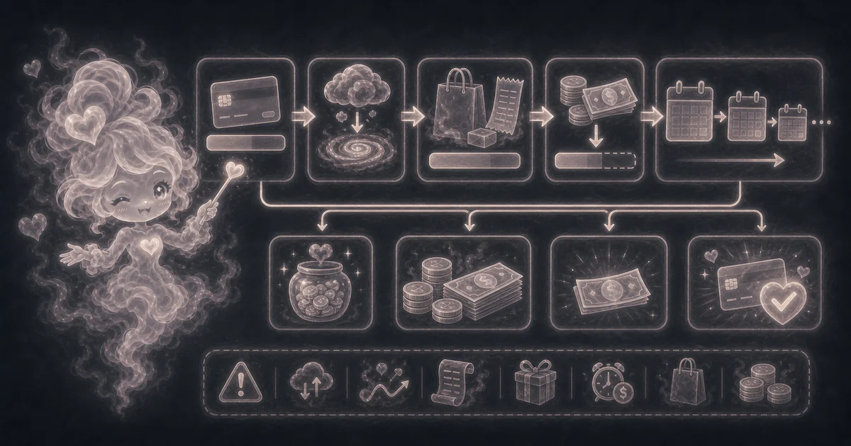 Credit Card Calculator guide artwork supports the walkthrough by showing how APR, payment size, and new spending change payoff time and interest. Smoke mascot comparing $250 and $350 credit card payments beside payoff-month, interest, total-paid, and new-spending notes.