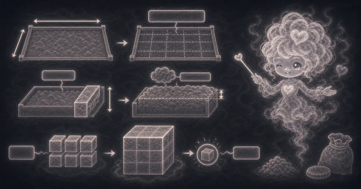 Cubic Yard Calculator guide artwork supports the walkthrough by showing depth conversion, cubic-yard math, waste, and supplier-order cautions. Smoke mascot explaining 27 cubic feet per cubic yard, inch-to-foot depth conversion, supplier rounding, loose material, bags, and tons.