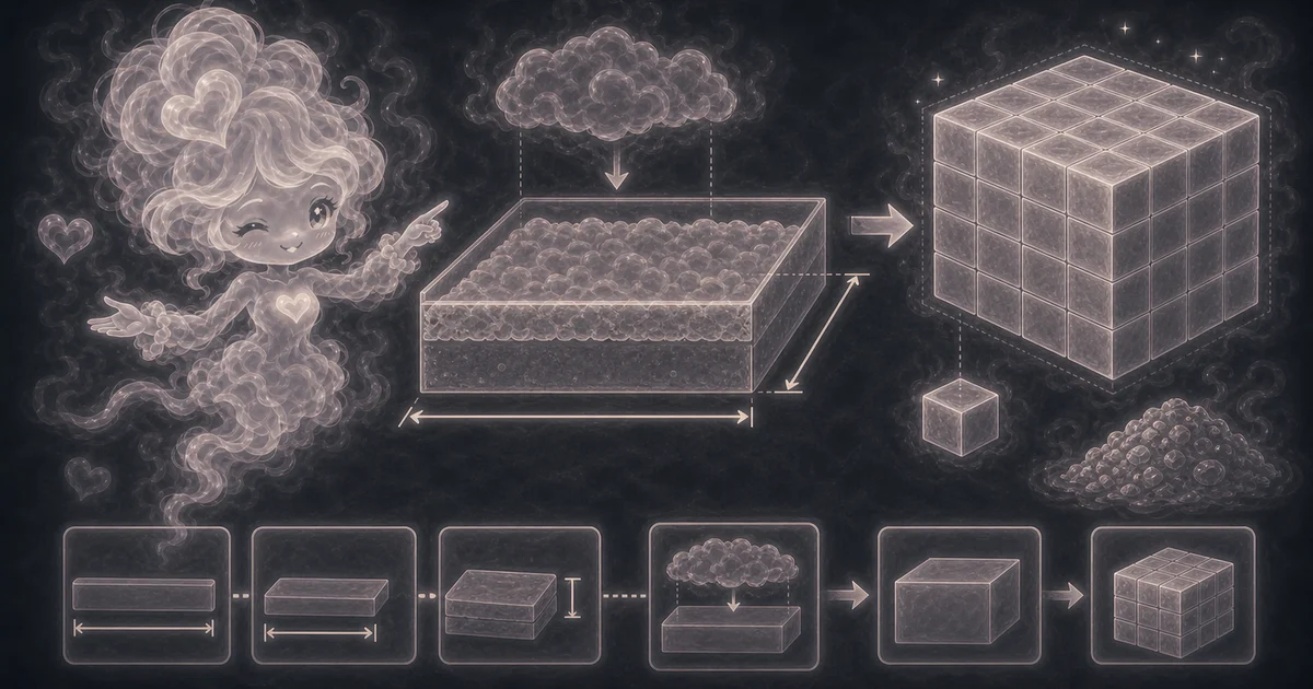 Cubic Yard Calculator artwork matches the live workflow: enter length, width, inch depth, and waste to estimate cubic feet, cubic yards, and cubic meters. Smoke mascot measuring a 20 by 10 foot material bed, 3 inch depth, 5 percent waste, 52.5 cubic feet, and 1.94 cubic yards.