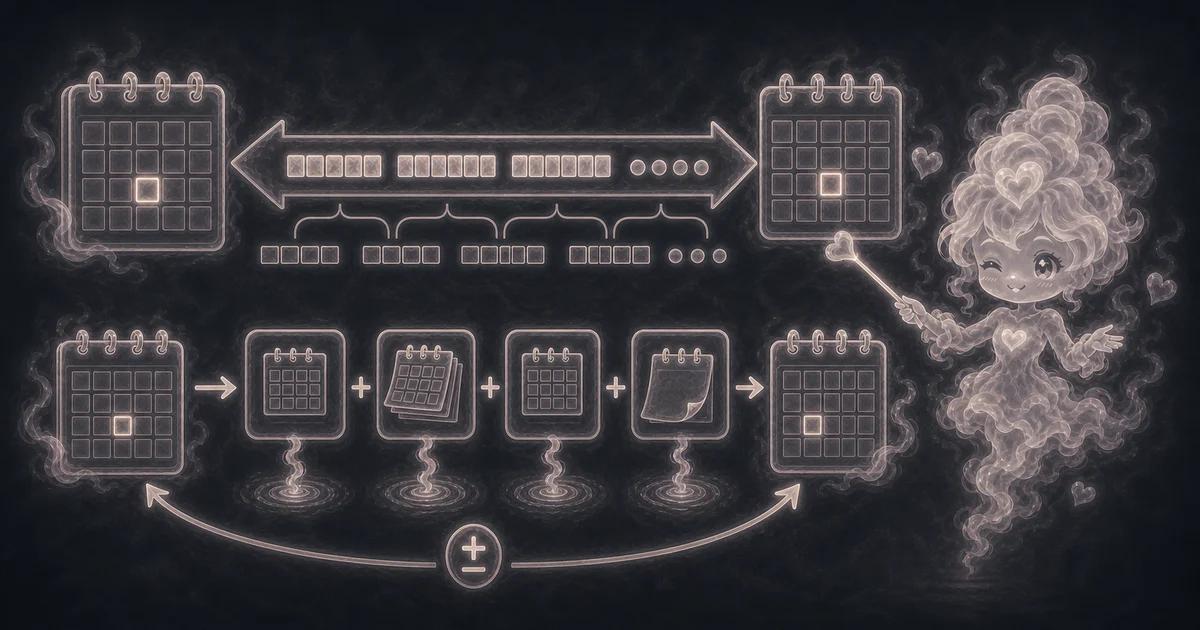 The guide image shows calendar panels, arrows, and grouped date blocks, matching the walkthrough for days between dates and add-or-subtract offsets. Smoke mascot pointing at calendar panels, date blocks, and arrows for the Date Calculator guide.