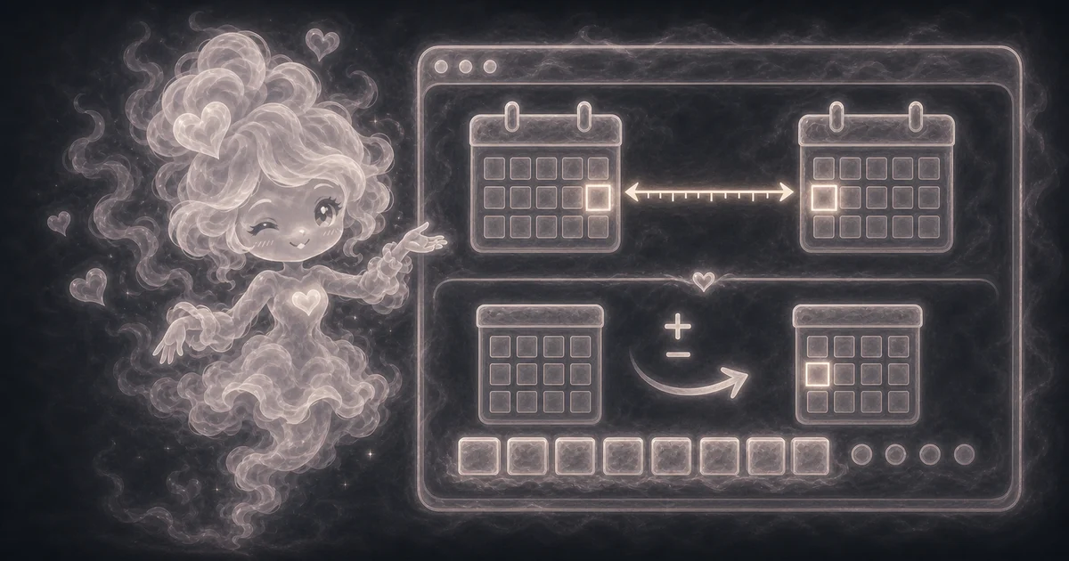 The tool image shows two calendar grids for date difference plus smaller calendar controls for adding or subtracting date offsets. Smoke mascot beside two calendar grids and add-subtract controls for the Date Calculator.