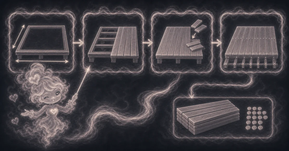 Deck Board Calculator guide artwork supports the walkthrough for deck area, board coverage, actual board width, joist spacing, waste, screw counts, and board-only cost limits. Smoke mascot guide showing deck area, board coverage, waste, joist spacing, 29 boards, 13 fastener rows, 754 screws, and a $522 board cost.