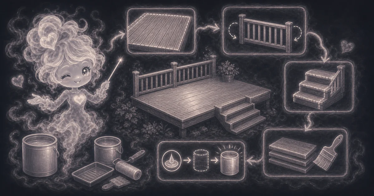 Smoke mascot guide showing deck surface, railing faces, stair treads and risers, 501.6 sq ft with waste, 1,003.2 coat-adjusted sq ft, and 6 stain gallons.