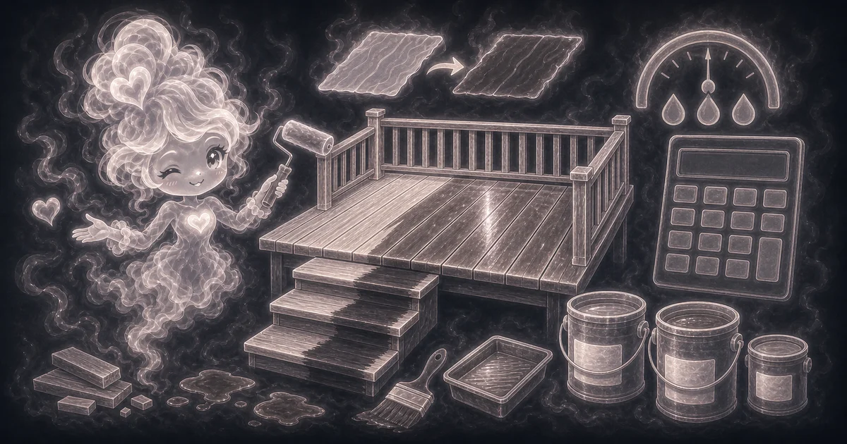 Smoke mascot measuring a 16 x 12 ft deck with railings, four steps, two stain coats, 200 sq ft per gallon coverage, 6 gallons, and a $270 stain cost.