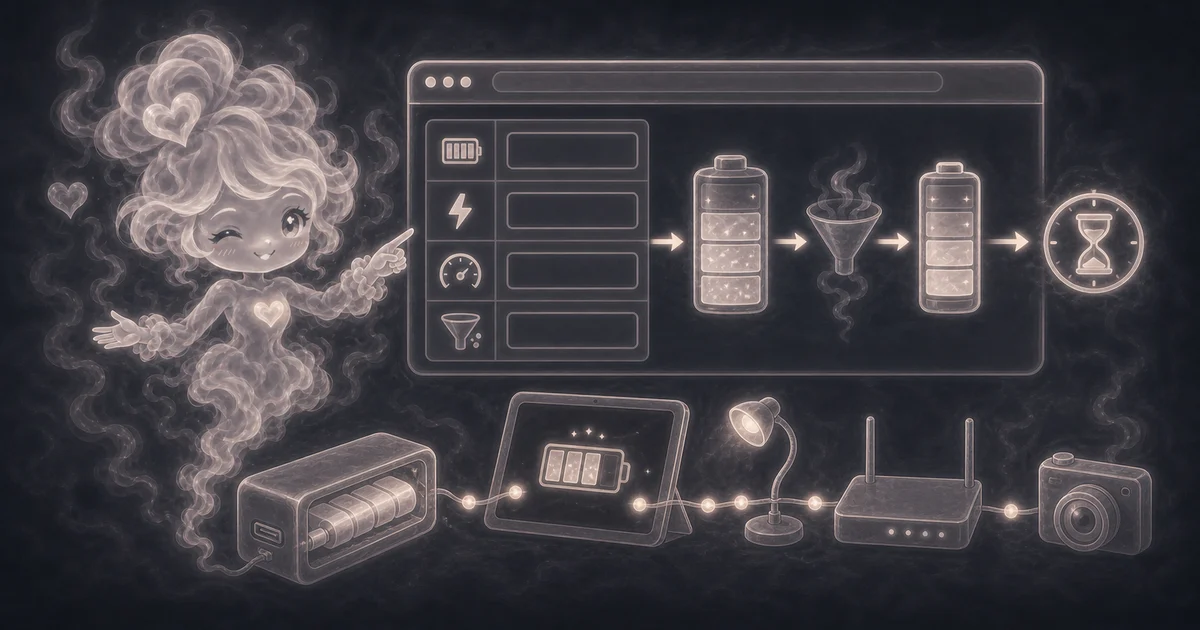 Device Battery Life Calculator artwork matches the live tool workflow: battery runtime from mAh and average mA, or mAh, volts, and watts. Use it with the calculator, examples, and result notes. Illustration for Device Battery Life Calculator showing battery runtime from mAh and average mA, or mAh, volts, and watts.