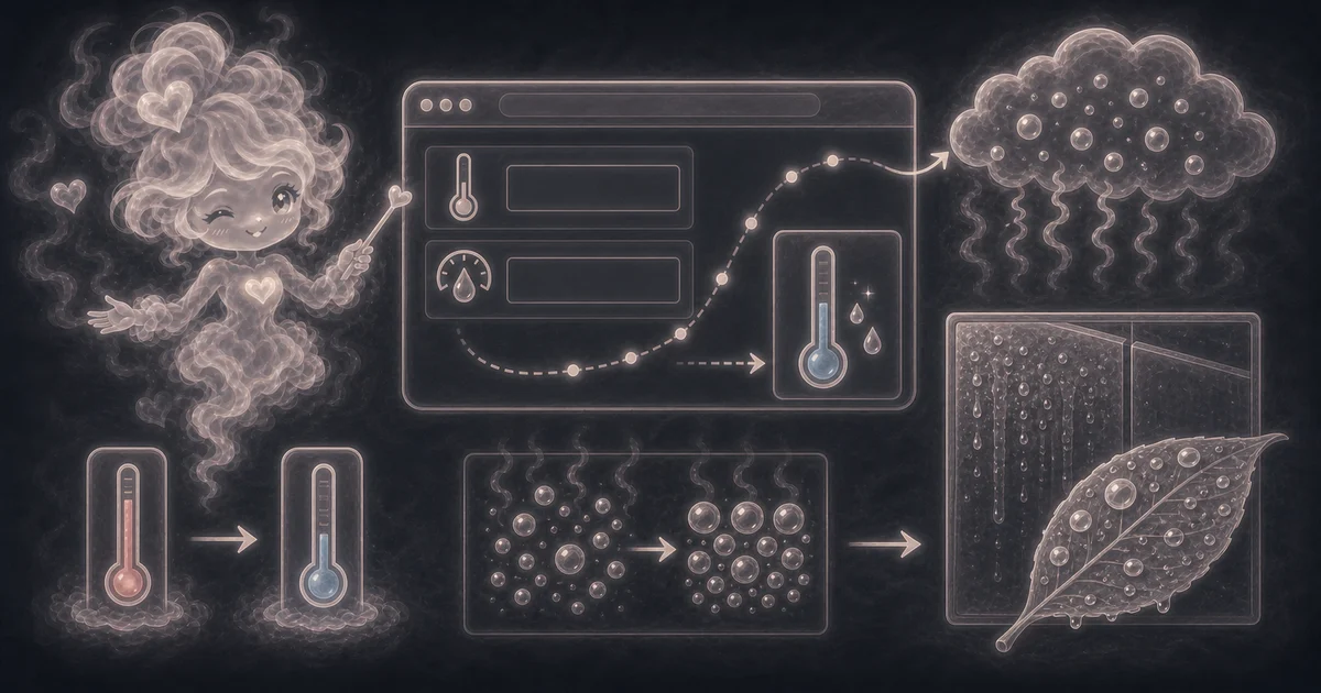 Dew Point Calculator artwork matches the live tool workflow: calculate dew point from Fahrenheit temperature and relative humidity. Use it with the calculator, examples, and result notes. Illustration for Dew Point Calculator showing calculate dew point from Fahrenheit temperature and relative humidity.