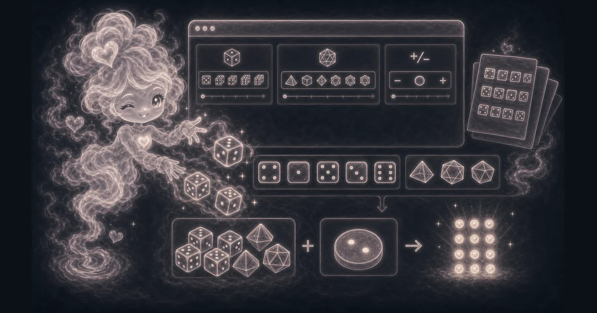 Dice Roller artwork matches the live tool workflow: roll one or more virtual dice with custom sides and a modifier. Use it with the calculator, examples, and result notes. Illustration for Dice Roller showing roll one or more virtual dice with custom sides and a modifier.